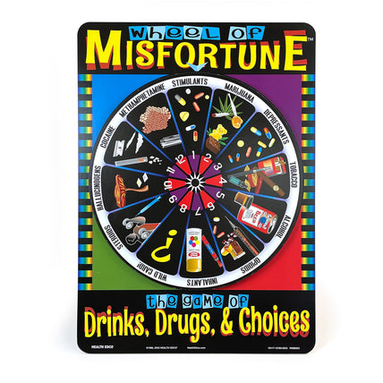 Wheel of Misfortune Game, health education game with spinning wheel to teach about the dangers of drugs, Health Edco, 79117