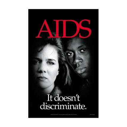 AIDS It doesn't discriminate poster, red AIDS imposed over black and white teens, Health Edco, 89414