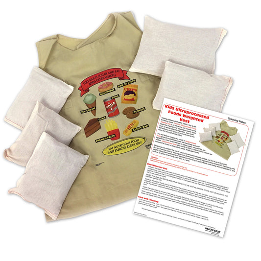 Kids Ultraprocessed Foods Weighted Vest, kids nutrition education activity with fun teaching vest, Health Edco, 26004