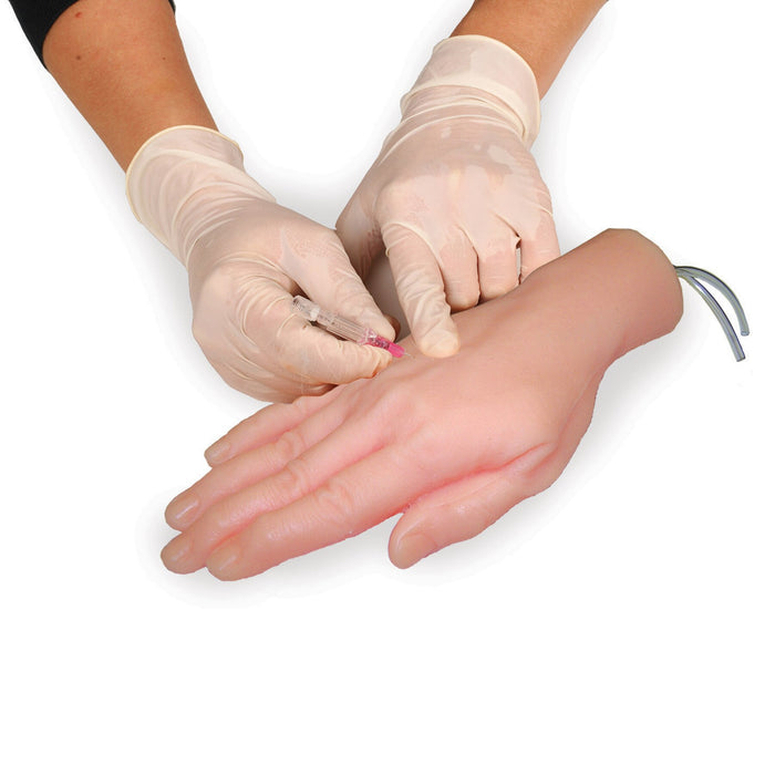 Injection Training Hand Model, lifelike skin, texture, flexibility, synthetic tissue, palpable veins, blood draw, realistic, gloved hands sticking model, Health Edco, 26240