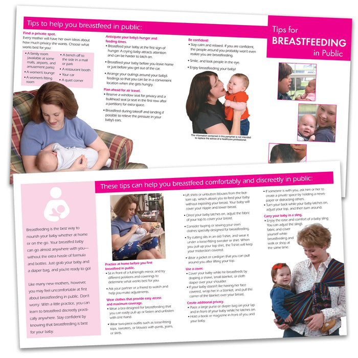 breastfeeding in public pamphlet, breastfeeding discreetly in public tips and techniques, inside and outside view of pamphlet, Childbirth Graphicss, 38004