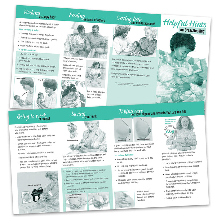 helpful hints on breastfeeding pamphlet, two-color illustrated hints on breastfeeding pamphlet front and back shown, Childbirth Graphics, 38532