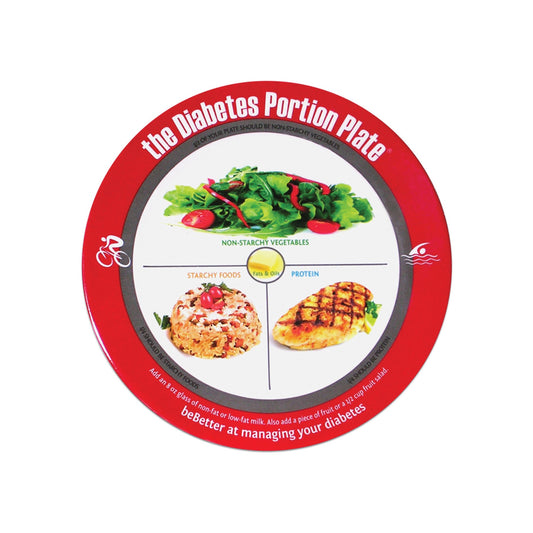 Diabetes Portion Plate real food red bordered plastic plate divided in sections food photos  food groups, Health Edcom 50324