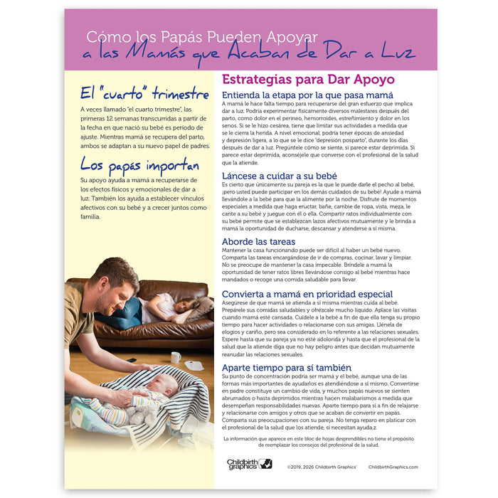 How Fathers Can Support the Postpartum Mom Tear Pad, Childbirth Graphics childbirth education handout, Spanish side 52082