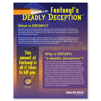 Fentanyl's Deadly Deception Tear Pad, colorful two-sided handout for drug education and awareness, front, Health Edco, 52355