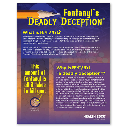 Fentanyl's Deadly Deception Tear Pad, colorful two-sided handout for drug education and awareness, front, Health Edco, 52355