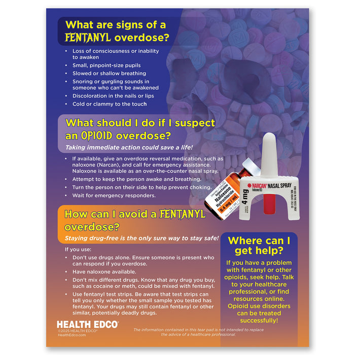 Fentanyl's Deadly Deception Tear Pad, colorful two-sided handout for drug education and awareness, back, Health Edco, 52355