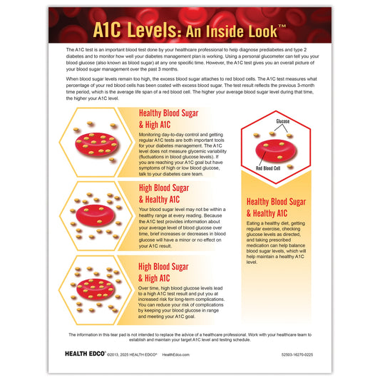 A1C Levels: An Inside Look diabetes education tear pad from Health Edco explaining how the A1C test works, English, 52503