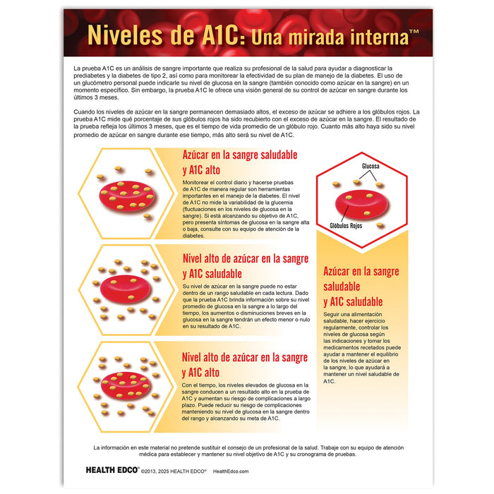 A1C Levels: An Inside Look tear pad for diabetes education from Health Edco, Spanish side explaining the A1C test, 52503