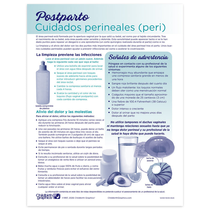 Perineal Care Tear Pad, women's postpartum education tear pad, Spanish care instructions, Childbirth Graphics, 52558