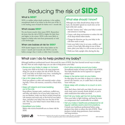 Reducing the risk of SIDS Tear Pad, newborn education handout for parents to teach sleep safety, Childbirth Graphics, 52570