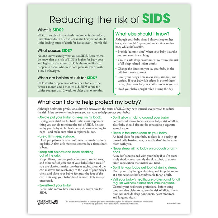 Reducing the risk of SIDS Tear Pad, newborn education handout for parents to teach sleep safety, Childbirth Graphics, 52570