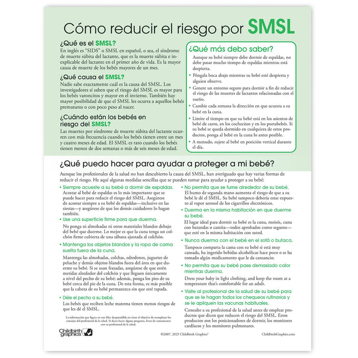 Reducing the risk of SIDS Tear Pad, newborn education handout for parents to teach sleep safety, Childbirth Graphics, 52570