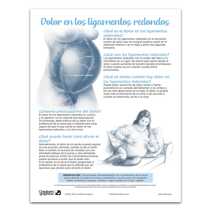 Round Ligament Pain Tear Pad by Childbirth Graphics, childbirth education handout for expectant mothers, Spanish side, 52754