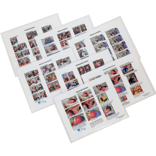Birthing Positions Charts (7), seven childbirth education charts with peanut balls being used for labor and support, 70089