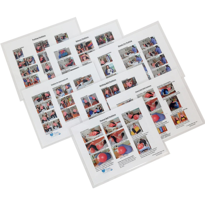 Birthing Positions Charts (7), seven childbirth education charts with peanut balls being used for labor and support, 70089