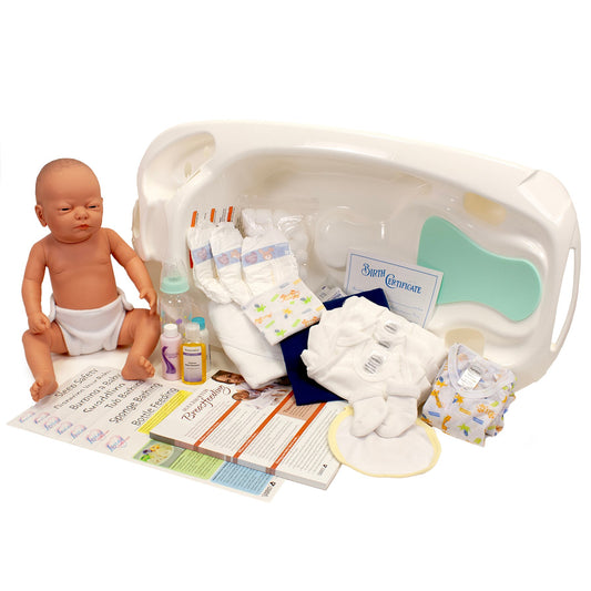 Newborn Care Kit for childbirth education and infant care teaching tool, Childbirth Graphics with doll and care items, 75415