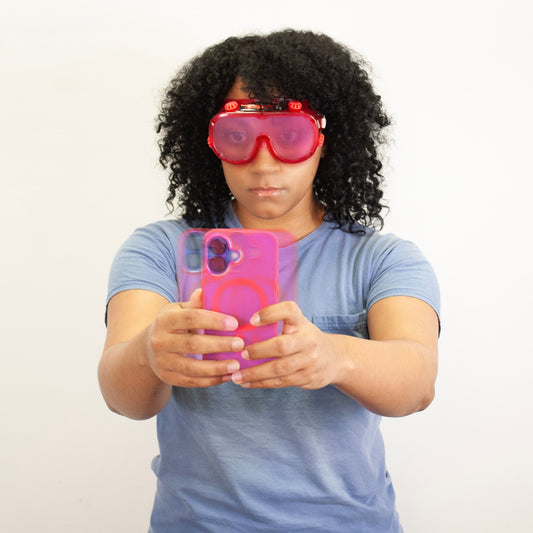 Person wearing Opioids Perception Deception Goggles while trying to use cell phone, Health Edco drug education goggles, 77865