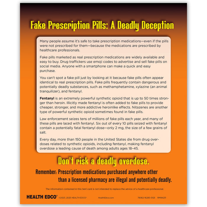 Fake Pills: Fentanyl Kills 3-D Display, back of of drug education display informational tent card, Health Edco, 78062