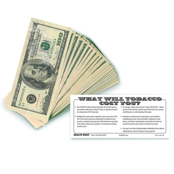 Tobacco Money, stack of 135 facsimile $100 bills to teach about smoking, health education materials, Health Edco, 79106