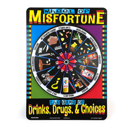 Wheel of Misfortune Game, health education game with spinning wheel to teach about the dangers of drugs, Health Edco, 79117