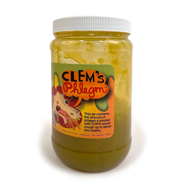 Clem's Phlegm, jar of simulated smoker's phlegm representing 2 weeks of phlegm, health education tools, Health Edco, 79201