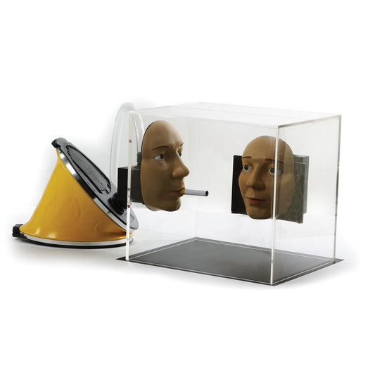 Puffing Poison Tank, plexiglas box with 2 mounted face models one smoking cigarette attached to hand pump, Health Edco, 79596