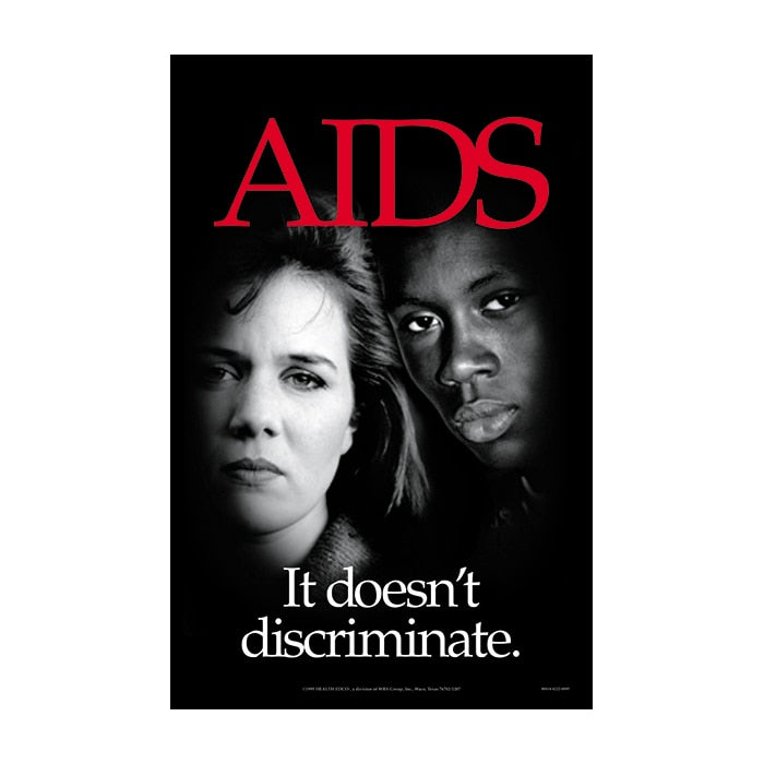 AIDS It doesn't discriminate poster, red AIDS imposed over black and white teens, Health Edco, 89414