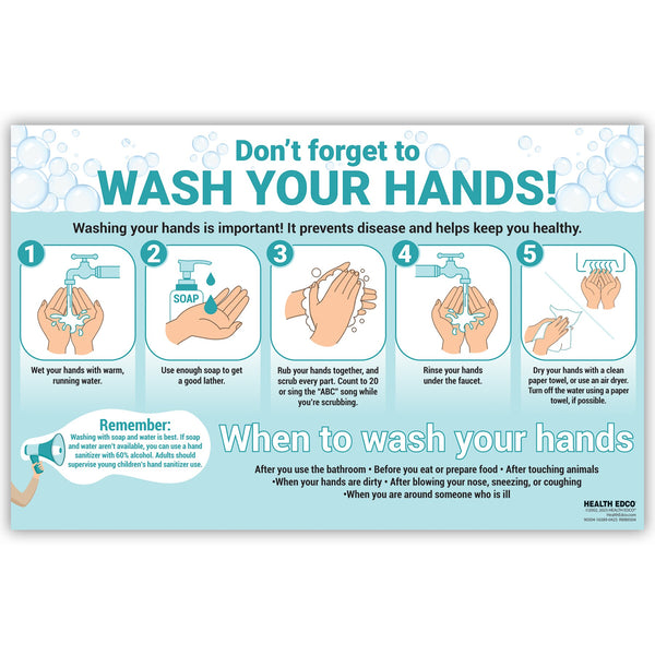 Don't Forget to Wash Your Hands Poster, health education poster with step-by-step handwashing instructions, Health Edco, 90304